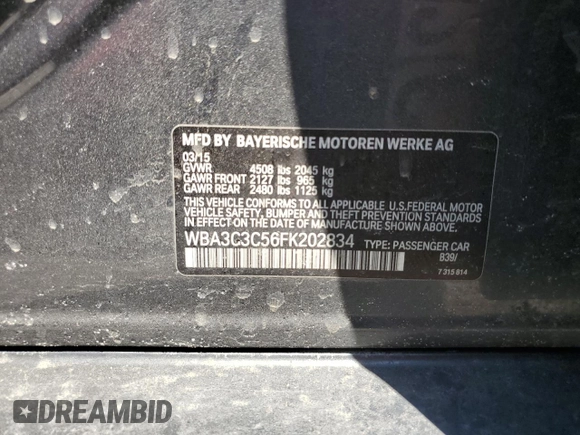 2015 BMW 3 Series 320i xDrive with VIN WBA3C3C56FK202834, listed as a Copart auction lot 53693455 with 105,022 mi miles and Salvage Title. Bid and sale history available at carsss.com. Image 12.