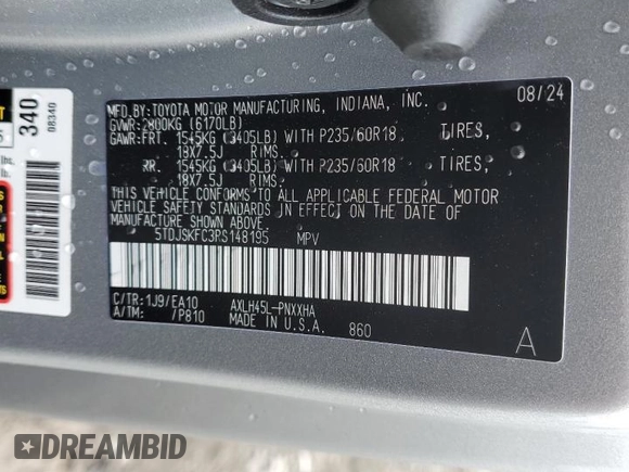 2024 Toyota Sienna XLE z VIN 5TDJSKFC3RS148195, wystawiony jako Copart lot #49125385 z przebiegiem Nie podano mil oraz Szkoda całkowita • Salvage title. Historia ofert i sprzedaży dostępna na DreamBid. Obrazek 15.
