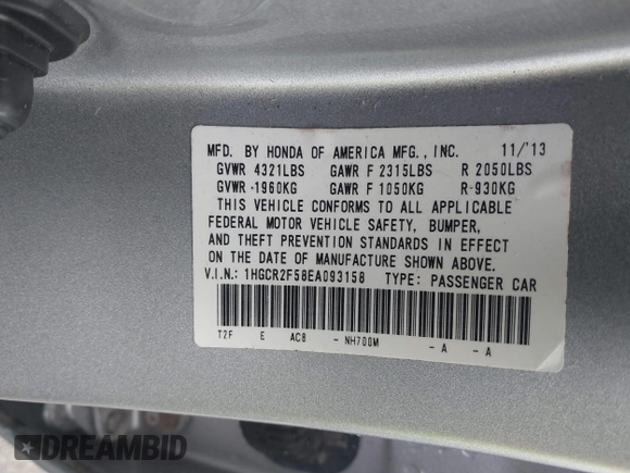 2014 Honda Accord Sport with VIN 1HGCR2F58EA093158, listed as a IAAI auction lot 41597368 with 121,990 mi miles and . Bid and sale history available at DreamBid. Image 9.