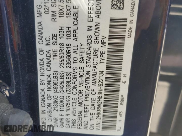 2017 Honda CR-V EX-L with VIN 2HKRW2H83HH622134, listed as a Copart auction lot 54159345 with 125,102 mi miles and Salvage Title. Bid and sale history available at carsss.com. Image 13.