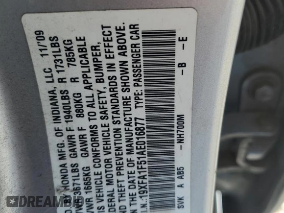 2010 Honda Civic LX with VIN 19XFA1F51AE016877, listed as a Copart auction lot 52275475 with 217,152 mi miles and Salvage Title. Bid and sale history available at DreamBid. Image 14.