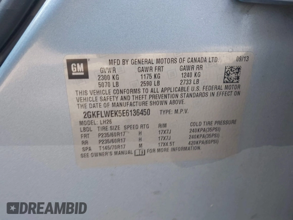 2014 GMC Terrain SLE with VIN 2GKFLWEK5E6136450, listed as a IAAI auction lot 42387036 with 121,668 mi miles and . Bid and sale history available at DreamBid. Image 9.