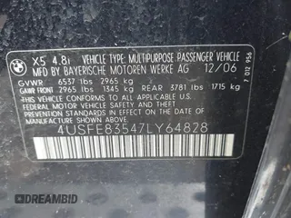 2007 BMW X5 4.8i z VIN 4USFE83547LY64828, wystawiony jako IAAI lot #41896182 z przebiegiem Nie podano mil oraz . Historia ofert i sprzedaży dostępna na DreamBid. Obrazek 9.
