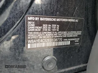 2014 BMW 7 Series 740Li with VIN WBAYE4C52ED138770, listed as a Copart auction lot 53647665 with 106,827 mi miles and Salvage title. Bid and sale history available at DreamBid. Image 12.