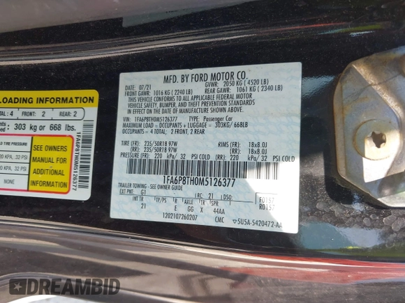 2021 Ford Mustang EcoBoost с VIN 1FA6P8TH0M5126377, выставлен на аукционе IAAI как лот 42585538 с пробегом 84 515 миль миль и . История ставок и продаж доступна на DreamBid. Изображение 9.