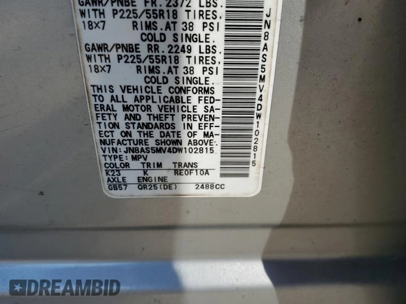 2013 Nissan Rogue SL with VIN JN8AS5MV4DW102815, listed as a Copart auction lot 48903655 with Not Provided miles and Clean Title. Bid and sale history available at DreamBid. Image 13.