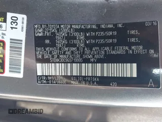 2016 Toyota Sienna SE with VIN 5TDXK3DC9GS719995, listed as a IAAI auction lot 42421273 with 126,943 mi miles and . Bid and sale history available at DreamBid. Image 9.