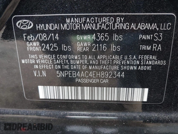 2014 Hyundai Sonata GLS with VIN 5NPEB4AC4EH892344, listed as a IAAI auction lot 42092885 with 78,079 mi miles and . Bid and sale history available at carsss.com. Image 9.