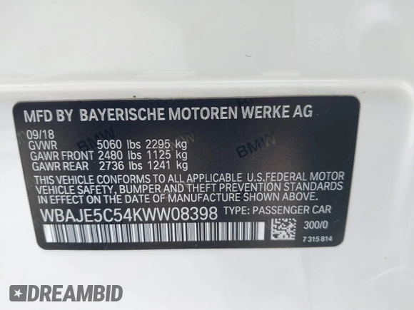 2019 BMW 5 Series 540i with VIN WBAJE5C54KWW08398, listed as a IAAI auction lot 42477384 with 48,936 mi miles and . Bid and sale history available at DreamBid. Image 9.
