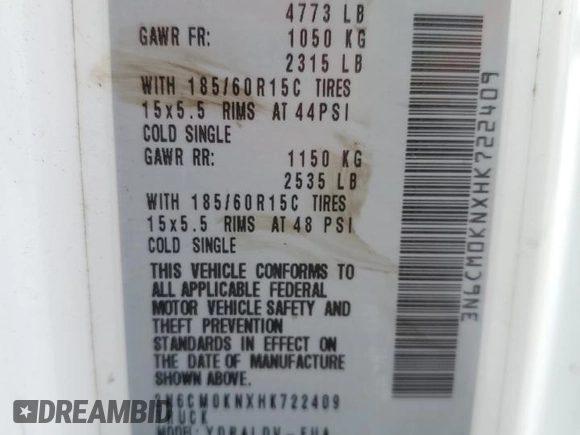 2017 Nissan NV200 S with VIN 3N6CM0KNXHK722409, listed as a Copart auction lot 41494795 with 101,558 mi miles and Salvage title. Bid and sale history available at DreamBid. Image 16.