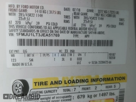 2018 Ford Expedition Platinum with VIN 1FMJU1LT3JEA51769, listed as a Copart auction lot 50543075 with 0 mi miles and Salvage Title. Bid and sale history available at carsss.com. Image 13.