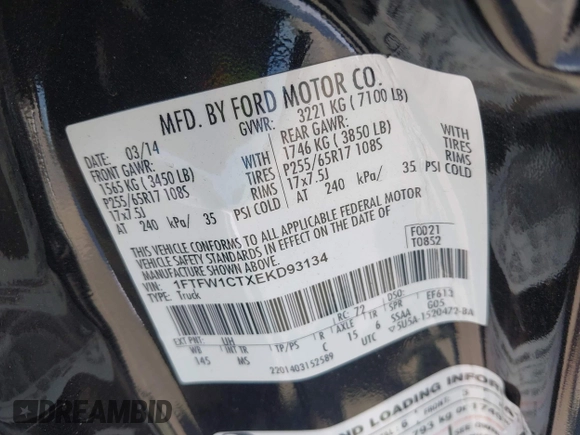 2014 Ford F-150 XL с VIN 1FTFW1CTXEKD93134, выставлен на аукционе IAAI как лот 42408602 с пробегом 231 195 миль миль и . История ставок и продаж доступна на DreamBid. Изображение 9.