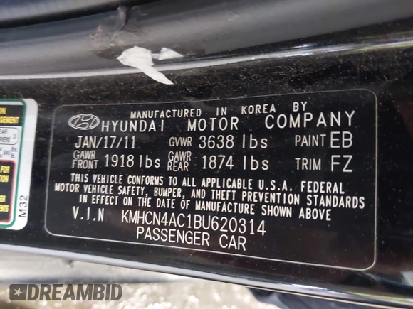 2011 Hyundai Accent GLS z VIN KMHCN4AC1BU620314, wystawiony jako IAAI lot #42228847 z przebiegiem 144 313 mil mil oraz . Historia ofert i sprzedaży dostępna na DreamBid. Obrazek 9.