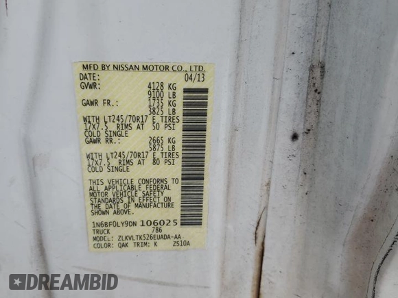 2013 Nissan NV SV with VIN 1N6BF0LY9DN106025, listed as a Copart auction lot 87444994 with 150,725 mi miles and Salvage title. Bid and sale history available at DreamBid. Image 13.