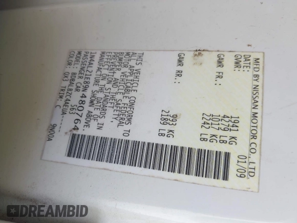 2009 Nissan Altima SL with VIN 1N4AL21E89N480764, listed as a IAAI auction lot 42163615 with Not Provided miles and . Bid and sale history available at DreamBid. Image 9.