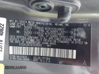 2014 Toyota Sienna L with VIN 5TDZK3DC5ES439593, listed as a IAAI auction lot 42420219 with 136,544 mi miles and . Bid and sale history available at DreamBid. Image 9.