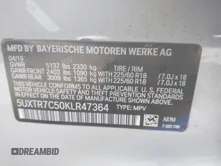 2019 BMW X3 sDrive30i with VIN 5UXTR7C50KLR47364, listed as a IAAI auction lot 41998942 with 95,700 mi miles and . Bid and sale history available at DreamBid. Image 9.