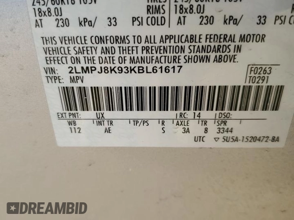 2019 Lincoln Nautilus Select with VIN 2LMPJ8K93KBL61617, listed as a Copart auction lot 43217235 with Not provided miles and Salvage title. Bid and sale history available at DreamBid. Image 12.