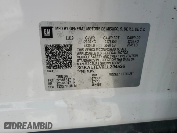 2020 GMC Terrain SLE z VIN 3GKALTEV0LL204536, wystawiony jako Copart lot #54000265 z przebiegiem 61 666 mil mil oraz Szkody całkowita. Historia ofert i sprzedaży dostępna na DreamBid. Obrazek 13.