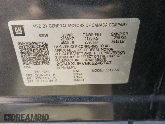2019 Chevrolet Equinox LT with VIN 2GNAXUEV6K6246743, listed as a Copart auction lot 54349115 with 129,595 mi miles and Salvage Title. Bid and sale history available at DreamBid. Image 13.