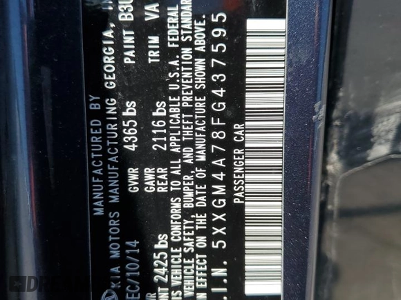2015 Kia Optima LX with VIN 5XXGM4A78FG437595, listed as a Copart auction lot 56953215 with 217,522 mi miles and Salvage title. Bid and sale history available at DreamBid. Image 12.