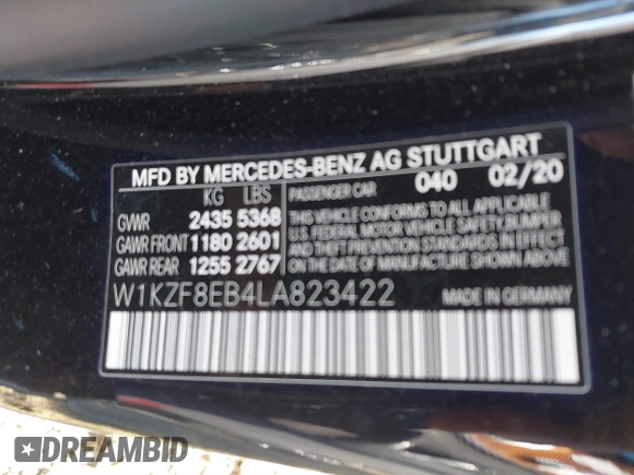 2020 Mercedes-Benz E-Class E 350 with VIN W1KZF8EB4LA823422, listed as a IAAI auction lot 41311710 with 39,027 mi miles. Bid and sale history available at carsss.com. Image 9.