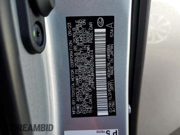 2024 Lexus UX 250h Premium with VIN JTHP9JBHXR2076614, listed as a Copart auction lot 88842545 with 3,105 mi miles and Salvage title. Bid and sale history available at DreamBid. Image 13.