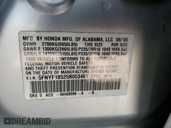 2005 Honda Pilot EX-L with VIN 5FNYF18525B053461, listed as a Copart auction lot 51463315 with 199,458 mi miles and Salvage title. Bid and sale history available at DreamBid. Image 13.