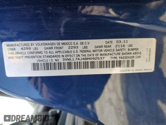 2011 Volkswagen Jetta TDI с VIN 3VWLL7AJ4BM092537, выставлен на аукционе Copart как лот 48703145 с пробегом 130 296 миль миль и Чистый • Clean title. История ставок и продаж доступна на DreamBid. Изображение 12.