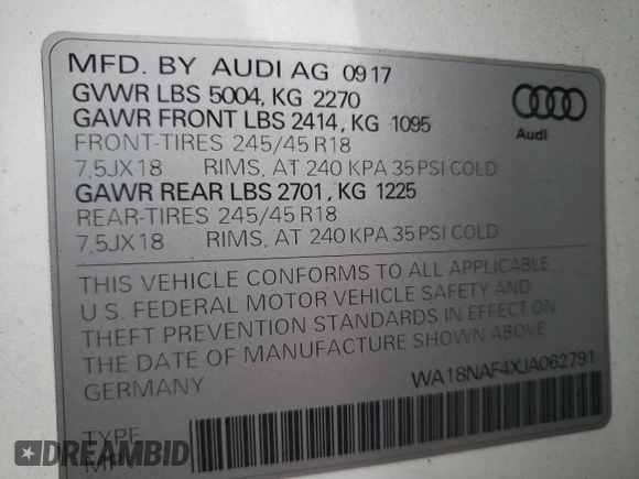 2018 Audi A4 allroad Premium Plus with VIN WA18NAF4XJA062791, listed as a Copart auction lot 67117774 with 44,591 mi miles and Salvage Title. Bid and sale history available at carsss.com. Image 12.