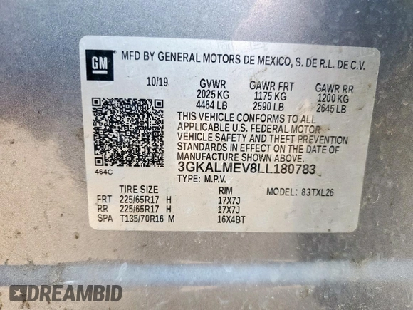 2020 GMC Terrain SLE with VIN 3GKALMEV8LL180783, listed as a Copart auction lot 60984115 with 125,021 mi miles and Salvage title. Bid and sale history available at DreamBid. Image 14.