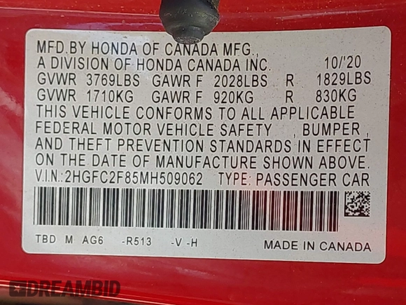 2021 Honda Civic Sport with VIN 2HGFC2F85MH509062, listed as a IAAI auction lot 41884858 with 35,337 mi miles and . Bid and sale history available at DreamBid. Image 9.