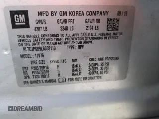 2020 Chevrolet Trax LT with VIN KL7CJPSB9LB038110, listed as a Copart auction lot 60111125 with 54,710 mi miles and Salvage title. Bid and sale history available at DreamBid. Image 12.