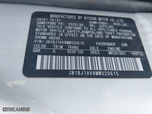 2021 Nissan Rogue Sport S with VIN JN1BJ1AV8MW320615, listed as a IAAI auction lot 40752620 with 65,543 mi miles. Bid and sale history available at carsss.com. Image 9.