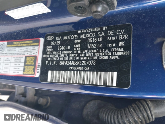 2019 Kia Rio S with VIN 3KPA24AB8KE207073, listed as a IAAI auction lot 41893914 with 88,648 mi miles. Bid and sale history available at carsss.com. Image 9.