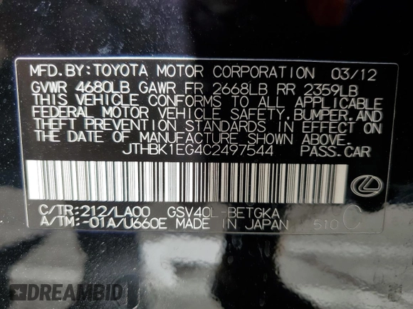 2012 Lexus ES 330 with VIN JTHBK1EG4C2497544, listed as a Copart auction lot 60679305 with 108,574 mi miles and Salvage title. Bid and sale history available at DreamBid. Image 12.