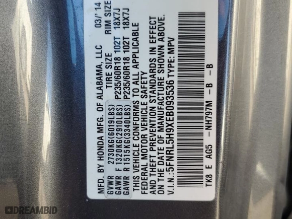 2014 Honda Odyssey Touring with VIN 5FNRL5H9XEB093536, listed as a Copart auction lot 80801554 with 154,908 mi miles and Salvage Title. Bid and sale history available at carsss.com. Image 13.