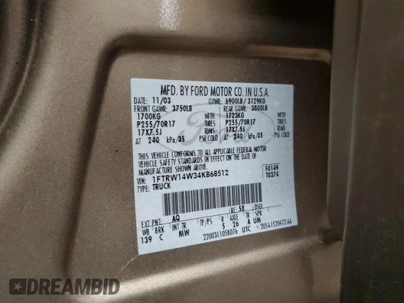 2004 Ford F-150 XLT with VIN 1FTRW14W34KB68512, listed as a Copart auction lot 52774075 with 113,322 mi miles and Salvage Title. Bid and sale history available at carsss.com. Image 12.