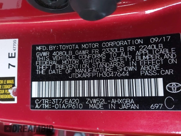 2017 Toyota Prius Plus with VIN JTDKARFP1H3047644, listed as a IAAI auction lot 41206808 with 73,910 mi miles and . Bid and sale history available at DreamBid. Image 9.