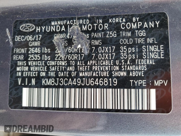 2018 Hyundai Tucson SEL with VIN KM8J3CA49JU646819, listed as a Copart auction lot 44552045 with 93,549 mi miles and Salvage title. Bid and sale history available at DreamBid. Image 14.