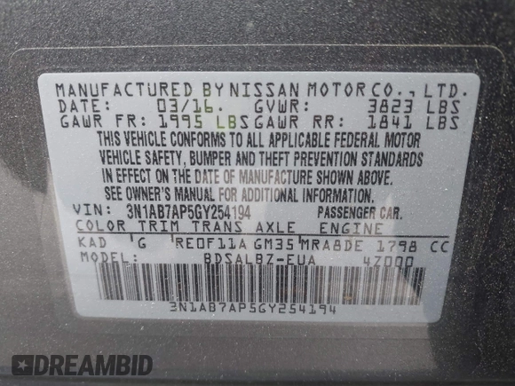 2016 Nissan Sentra SV with VIN 3N1AB7AP5GY254194, listed as a IAAI auction lot 42120010 with 170,936 mi miles and . Bid and sale history available at DreamBid. Image 9.