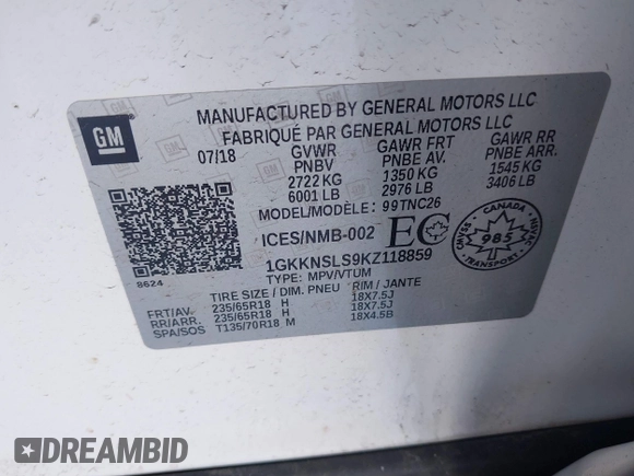 2019 GMC Acadia SLE with VIN 1GKKNSLS9KZ118859, listed as a IAAI auction lot 41306971 with 56,516 mi miles and . Bid and sale history available at DreamBid. Image 9.