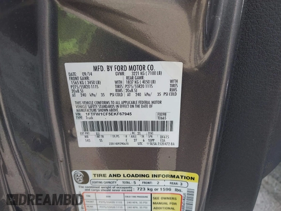 2014 Ford F-150 XL with VIN 1FTFW1CF5EKF67945, listed as a IAAI auction lot 42238131 with 192,402 mi miles and . Bid and sale history available at DreamBid. Image 9.