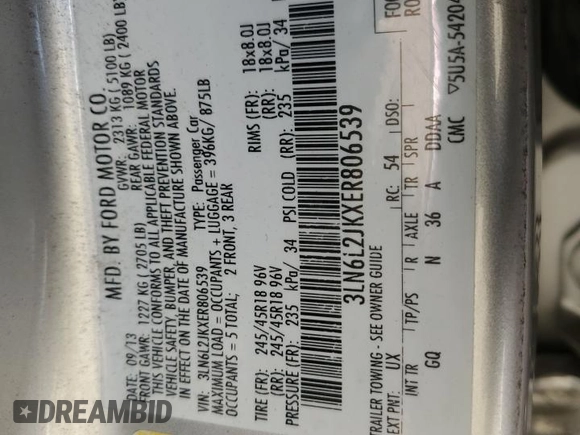 2014 Lincoln MKZ with VIN 3LN6L2JKXER806539, listed as a Copart auction lot 42724215 with 104,283 mi miles and Salvage title. Bid and sale history available at DreamBid. Image 13.