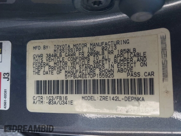 2013 Toyota Corolla L with VIN 5YFBU4EE7DP155925, listed as a IAAI auction lot 41858618 with 146,822 mi miles. Bid and sale history available at carsss.com. Image 9.