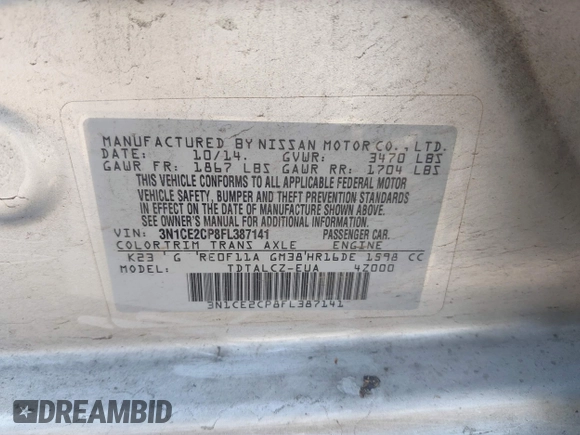 2015 Nissan Note SV с VIN 3N1CE2CP8FL387141, выставлен на аукционе IAAI как лот 42407924 с пробегом 216 756 миль миль и . История ставок и продаж доступна на DreamBid. Изображение 9.