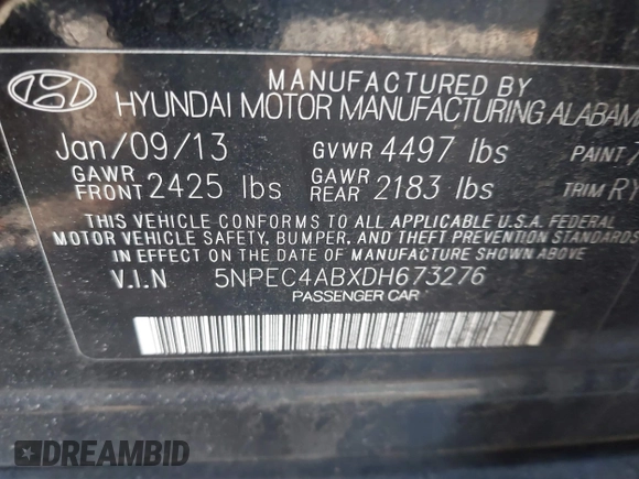 2013 Hyundai Sonata Limited with VIN 5NPEC4ABXDH673276, listed as a IAAI auction lot 41659162 with 133,159 mi miles and . Bid and sale history available at DreamBid. Image 9.