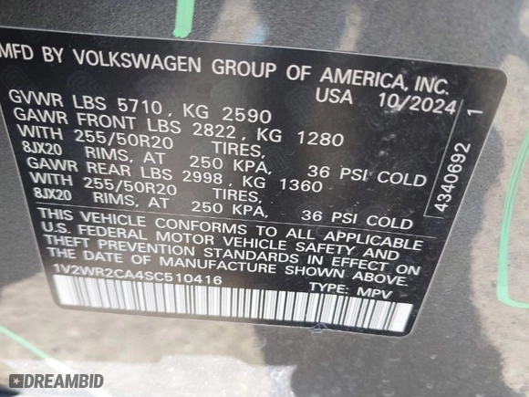 2025 Volkswagen Atlas 2.0T SE w/Technology with VIN 1V2WR2CA4SC510416, listed as a IAAI auction lot 41591394 with 6,939 mi miles. Bid and sale history available at carsss.com. Image 9.