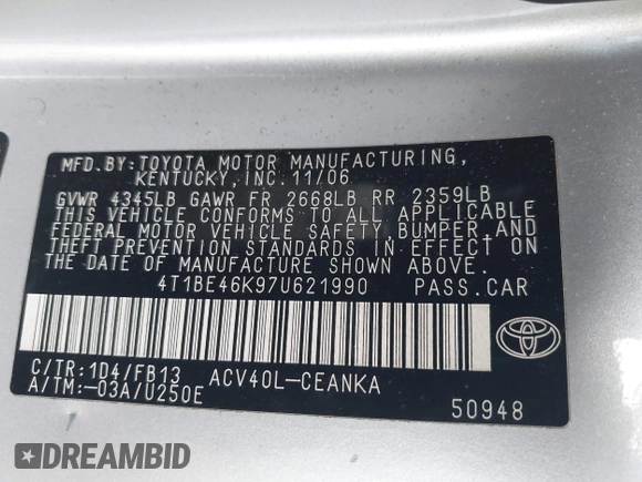 2007 Toyota Camry CE with VIN 4T1BE46K97U621990, listed as a IAAI auction lot 41907054 with 136,067 mi miles. Bid and sale history available at carsss.com. Image 9.