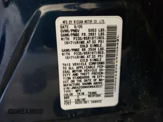 2005 Nissan Murano SL z VIN JN8AZ08W45W443537, wystawiony jako Copart lot #56176265 z przebiegiem 142 208 mil mil oraz Szkoda całkowita • Salvage title. Historia ofert i sprzedaży dostępna na DreamBid. Obrazek 13.